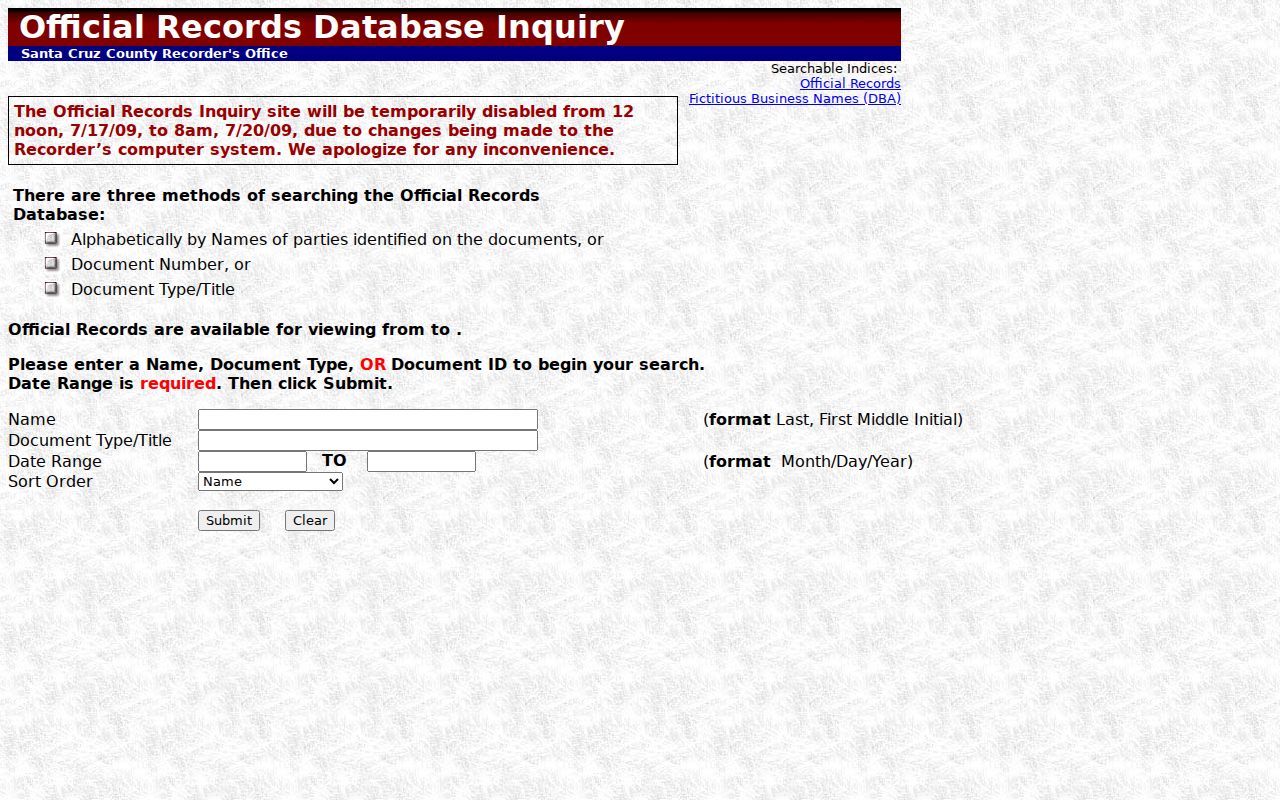Watsonville residents directory view of the Santa Cruz County Official Records index