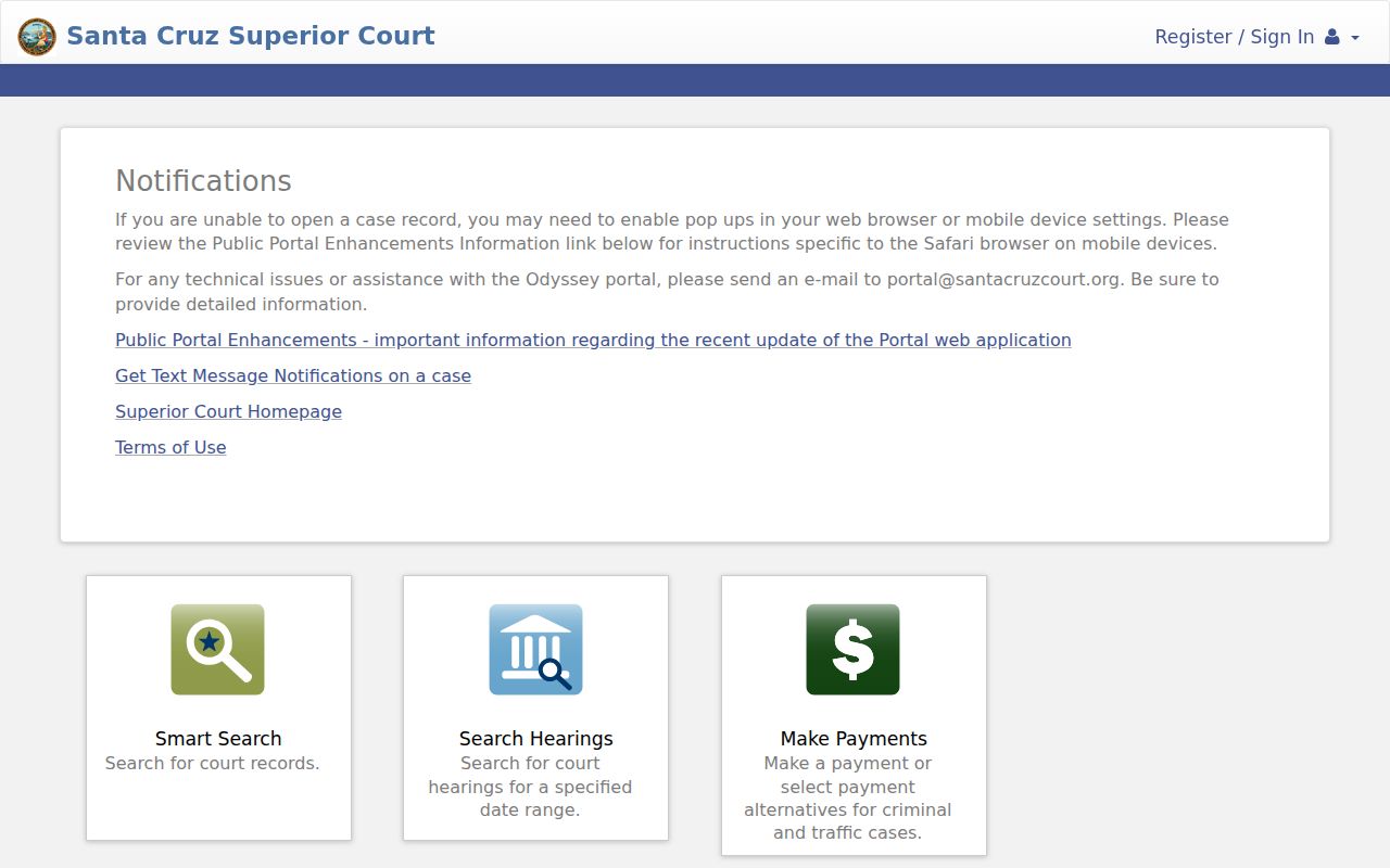 Watsonville residents directory view of the Santa Cruz Superior Court portal