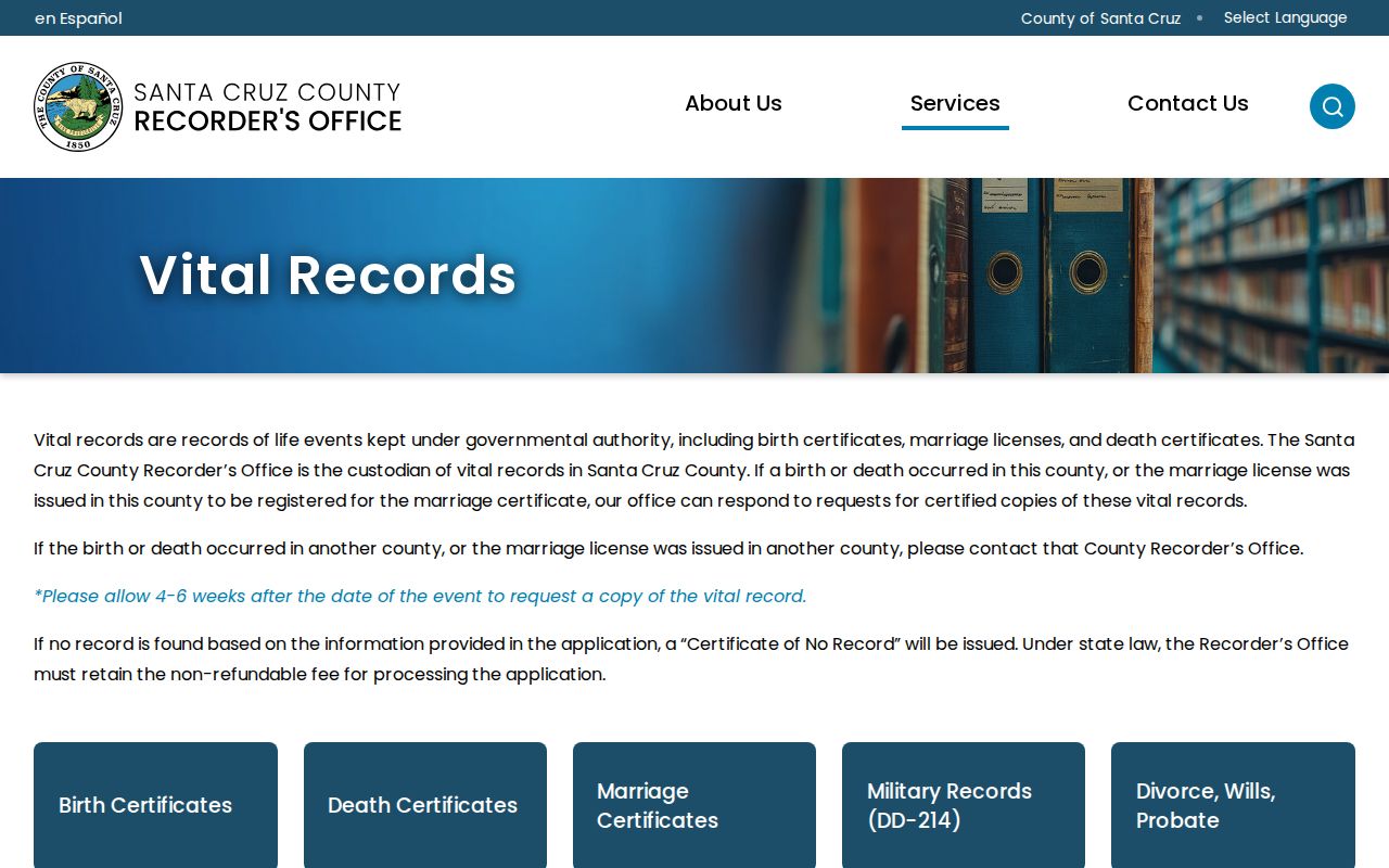 Watsonville resident lookup view of Santa Cruz County vital records
