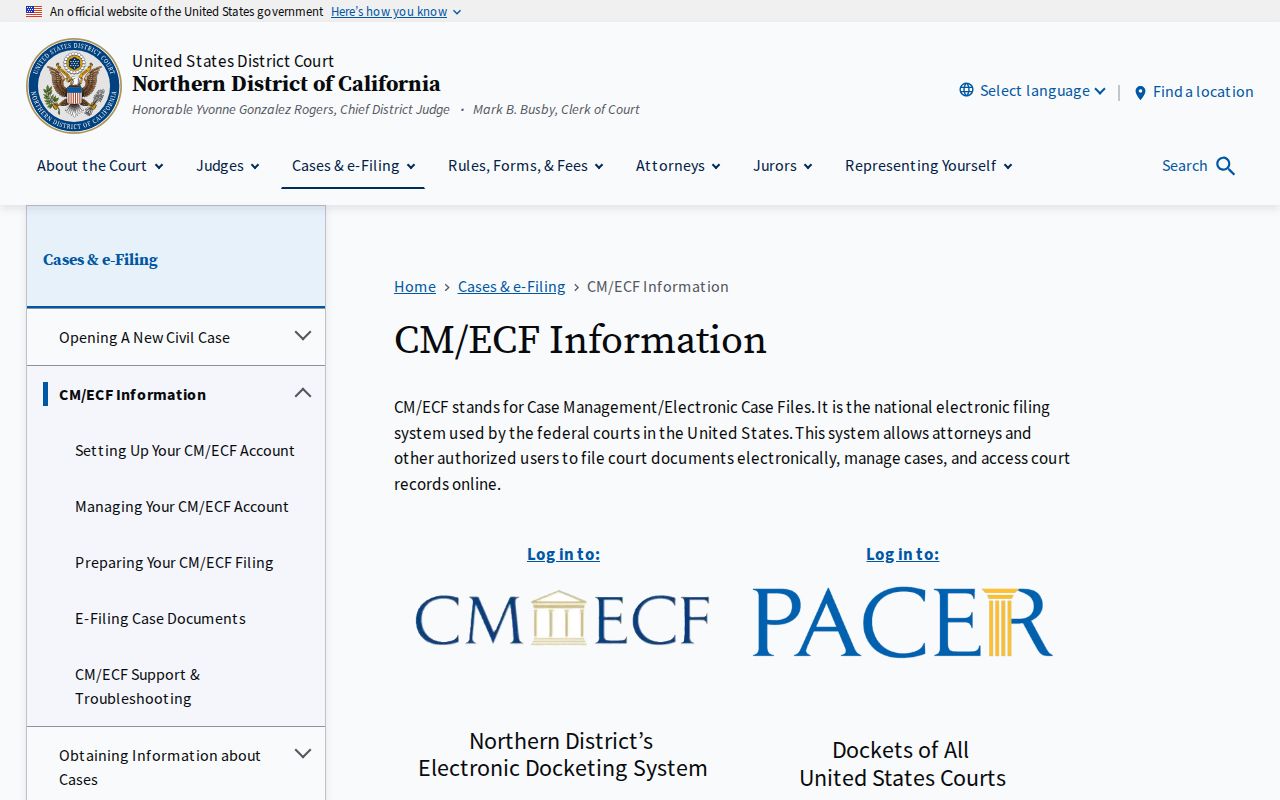 Watsonville resident lookup view of Northern District CM/ECF access