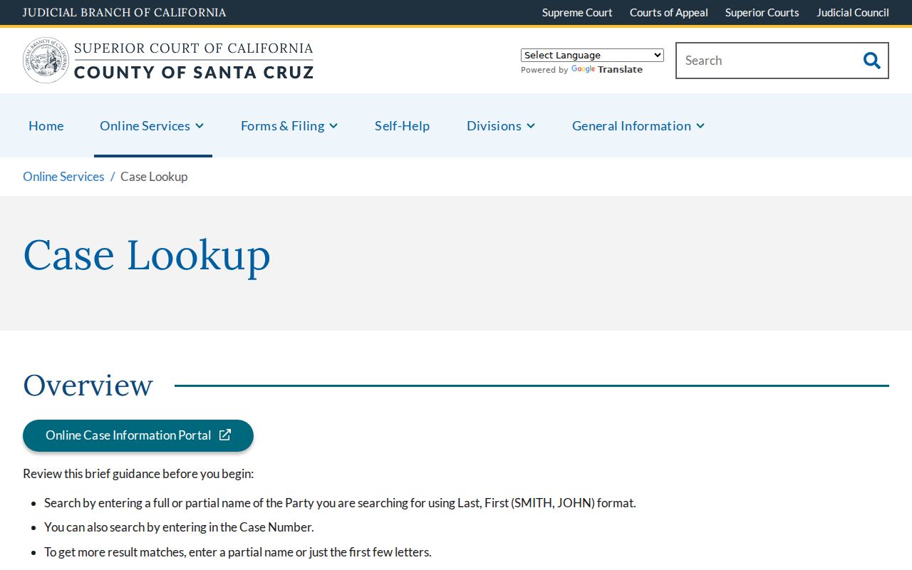 Watsonville resident lookup view of the Santa Cruz Superior Court case search