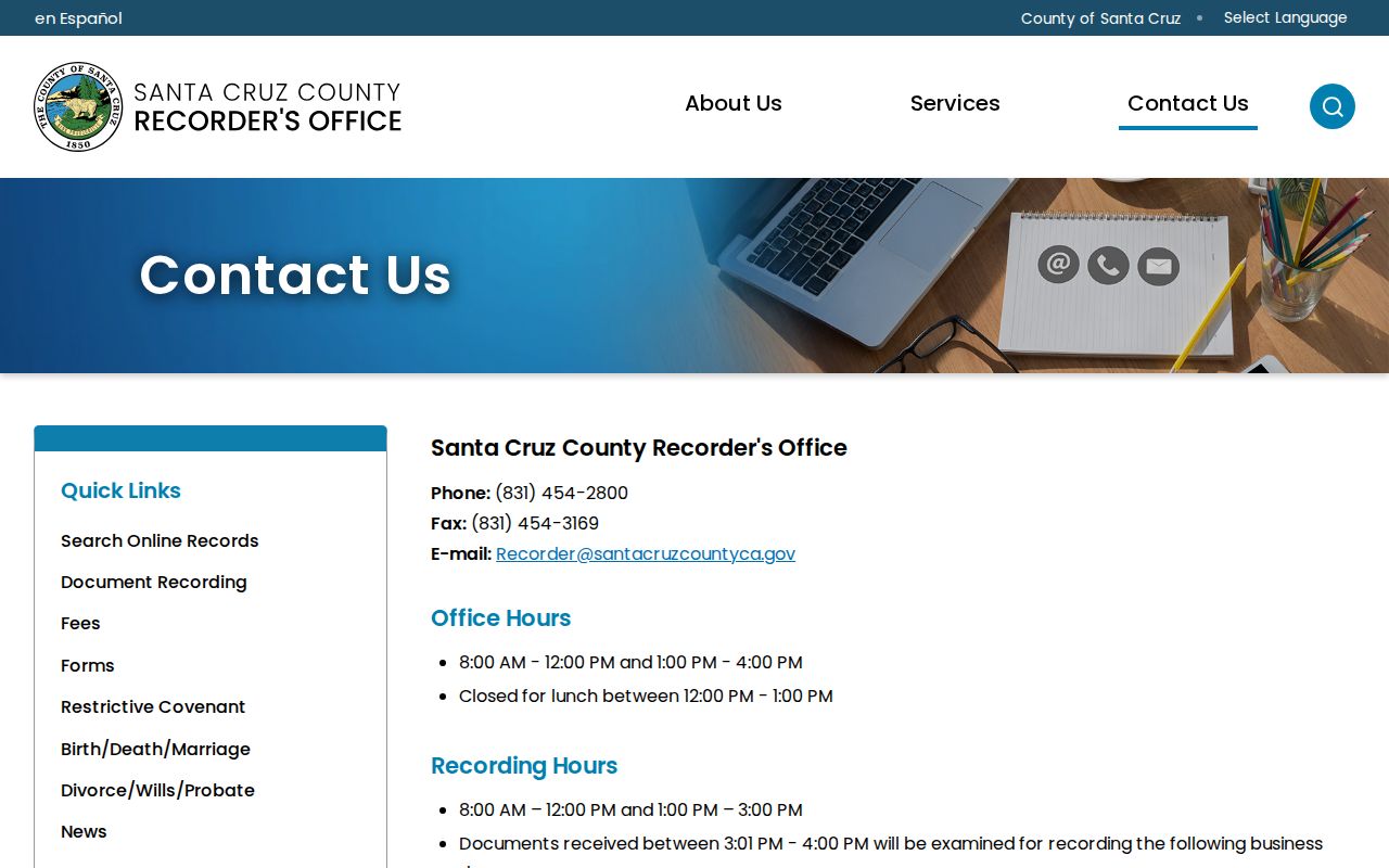 Watsonville street directory view of the Santa Cruz County Recorder contact page