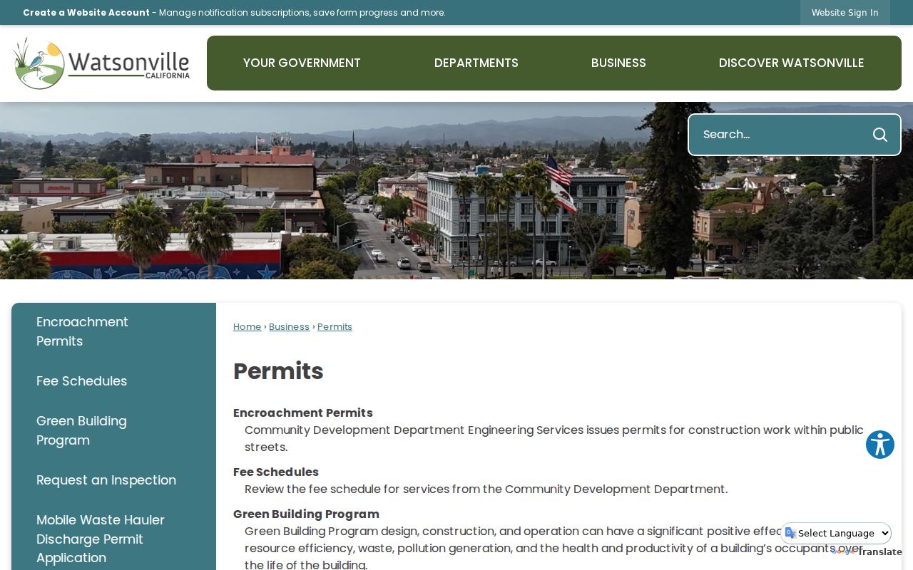 Watsonville street directory view of city permit resources