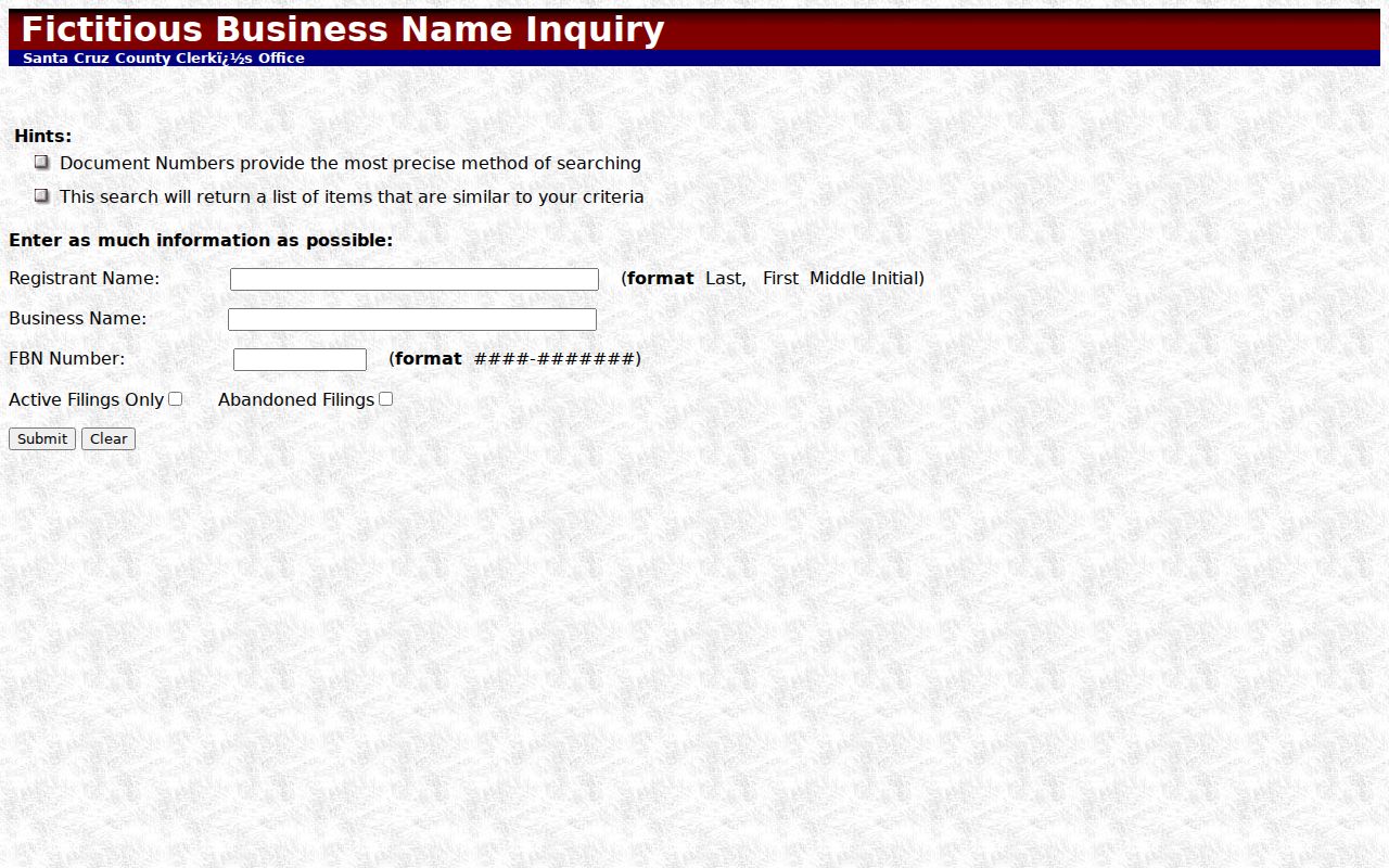 Watsonville ZIP code directory view of the county fictitious business name inquiry