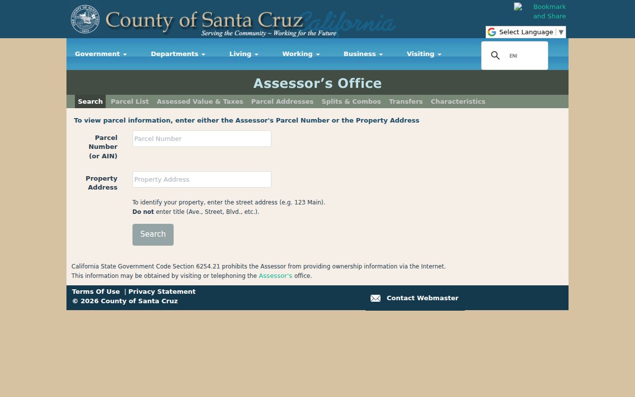 Watsonville ZIP code directory view of the Santa Cruz County property search